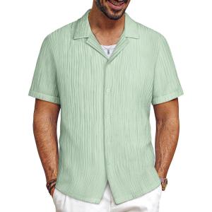 imagePJ PAUL JONES Mens Button Down Shirts Casual Short Sleeve Shirts Summer Cuban Textured ShirtsLight Green