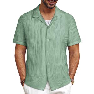 imagePJ PAUL JONES Mens Button Down Shirts Casual Short Sleeve Shirts Summer Cuban Textured ShirtsMiddle Green