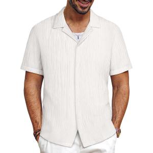 imagePJ PAUL JONES Mens Button Down Shirts Casual Short Sleeve Shirts Summer Cuban Textured ShirtsWhite