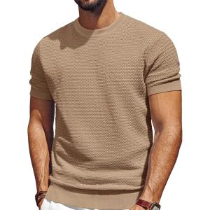 imagePJ PAUL JONES Mens TShirts Short Sleeve Crewneck Knit TShirt Casual Lightweight Solid Knitted TeesCamel