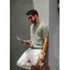 imagePJ PAUL JONES Mens Zipper Polo Shirt Textured Casual Knit Short Sleeve Polo T ShirtKhaki Green