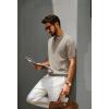 imagePJ PAUL JONES Mens Zipper Polo Shirt Textured Casual Knit Short Sleeve Polo T ShirtLight Camel