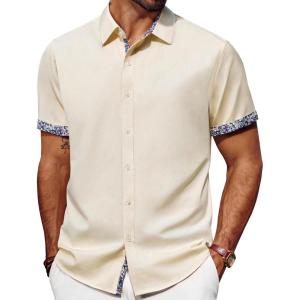 imagePJ PAUL JONES Mens Button Down Short Sleeve Shirt Casual Wrinkle Free Dress Shirt with Flip Print CuffApricot