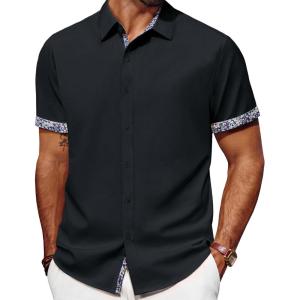 imagePJ PAUL JONES Mens Button Down Short Sleeve Shirt Casual Wrinkle Free Dress Shirt with Flip Print CuffBlack
