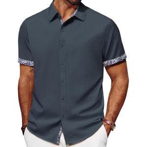 imagePJ PAUL JONES Mens Button Down Short Sleeve Shirt Casual Wrinkle Free Dress Shirt with Flip Print CuffDark Grey