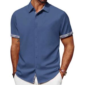 imagePJ PAUL JONES Mens Button Down Short Sleeve Shirt Casual Wrinkle Free Dress Shirt with Flip Print CuffDenim Blue