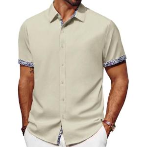 imagePJ PAUL JONES Mens Button Down Short Sleeve Shirt Casual Wrinkle Free Dress Shirt with Flip Print CuffKhaki