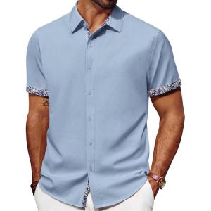 imagePJ PAUL JONES Mens Button Down Short Sleeve Shirt Casual Wrinkle Free Dress Shirt with Flip Print CuffLight Blue