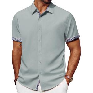 imagePJ PAUL JONES Mens Button Down Short Sleeve Shirt Casual Wrinkle Free Dress Shirt with Flip Print CuffLight Grey Green