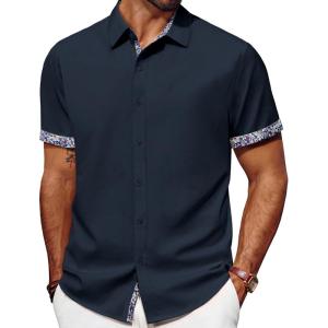 imagePJ PAUL JONES Mens Button Down Short Sleeve Shirt Casual Wrinkle Free Dress Shirt with Flip Print CuffNavy Blue