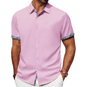 imagePJ PAUL JONES Mens Button Down Short Sleeve Shirt Casual Wrinkle Free Dress Shirt with Flip Print CuffPink