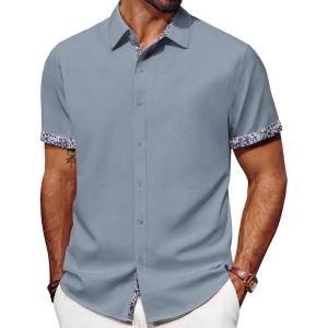 imagePJ PAUL JONES Mens Button Down Short Sleeve Shirt Casual Wrinkle Free Dress Shirt with Flip Print CuffPurple Grey Light