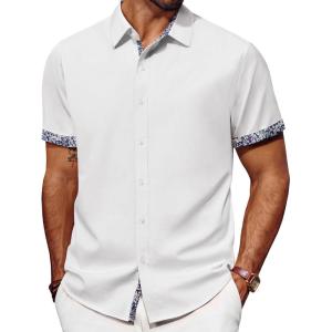 imagePJ PAUL JONES Mens Button Down Short Sleeve Shirt Casual Wrinkle Free Dress Shirt with Flip Print CuffWhite