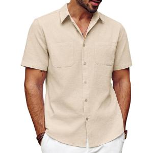 imagePJ PAUL JONES Mens Cotton Shirts Short Sleeve Button Down Shirts Casual Summer Beach Vacation Shirt with Double PocketsApricot