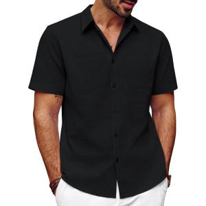 imagePJ PAUL JONES Mens Cotton Shirts Short Sleeve Button Down Shirts Casual Summer Beach Vacation Shirt with Double PocketsBlack