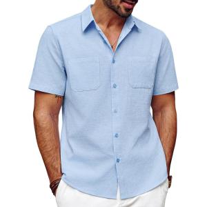 imagePJ PAUL JONES Mens Cotton Shirts Short Sleeve Button Down Shirts Casual Summer Beach Vacation Shirt with Double PocketsLight Blue