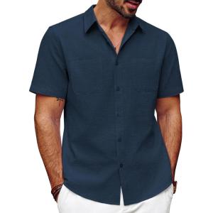 imagePJ PAUL JONES Mens Cotton Shirts Short Sleeve Button Down Shirts Casual Summer Beach Vacation Shirt with Double PocketsNavy Blue