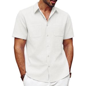 imagePJ PAUL JONES Mens Cotton Shirts Short Sleeve Button Down Shirts Casual Summer Beach Vacation Shirt with Double PocketsWhite