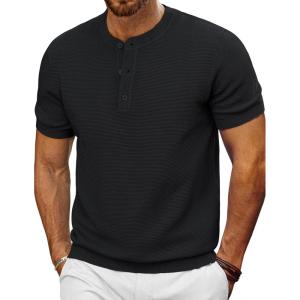 imagePJ PAUL JONES Mens TShirts Henley Short Sleeve Knit Shirt Casual Summer Textured Tee ShirtBlack