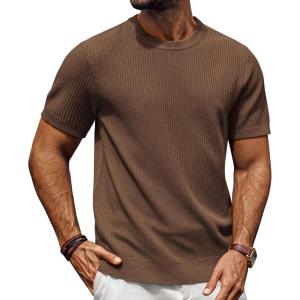 imagePJ PAUL JONES Mens TShirts Knit Crewneck Shirt Casual Short Sleeve Textured Pullover TeesCoffee