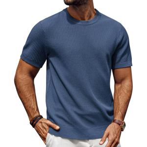 imagePJ PAUL JONES Mens TShirts Knit Crewneck Shirt Casual Short Sleeve Textured Pullover TeesDark Blue