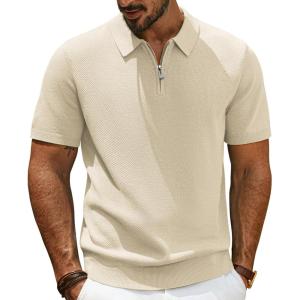 imagePJ PAUL JONES Mens Zipper Polo Shirt Textured Casual Knit Short Sleeve Polo T ShirtApricot