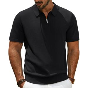 imagePJ PAUL JONES Mens Zipper Polo Shirt Textured Casual Knit Short Sleeve Polo T ShirtBlack