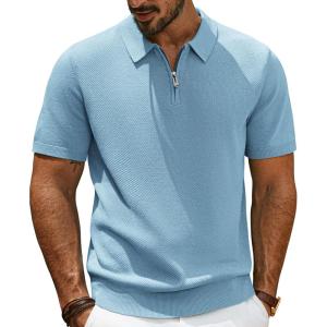 imagePJ PAUL JONES Mens Zipper Polo Shirt Textured Casual Knit Short Sleeve Polo T ShirtGray Blue