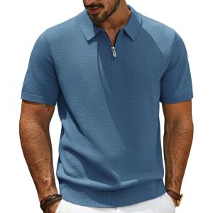 imagePJ PAUL JONES Mens Zipper Polo Shirt Textured Casual Knit Short Sleeve Polo T ShirtIndigo Blue
