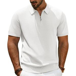 imagePJ PAUL JONES Mens Zipper Polo Shirt Textured Casual Knit Short Sleeve Polo T ShirtIvory White