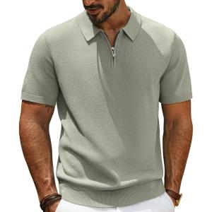 imagePJ PAUL JONES Mens Zipper Polo Shirt Textured Casual Knit Short Sleeve Polo T ShirtKhaki Green