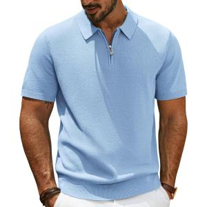 imagePJ PAUL JONES Mens Zipper Polo Shirt Textured Casual Knit Short Sleeve Polo T ShirtLight Blue