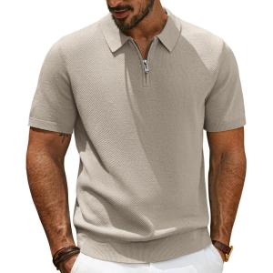 imagePJ PAUL JONES Mens Zipper Polo Shirt Textured Casual Knit Short Sleeve Polo T ShirtLight Camel