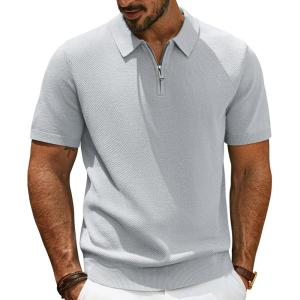 imagePJ PAUL JONES Mens Zipper Polo Shirt Textured Casual Knit Short Sleeve Polo T ShirtLight Grey