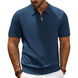 imagePJ PAUL JONES Mens Zipper Polo Shirt Textured Casual Knit Short Sleeve Polo T ShirtNavy Blue