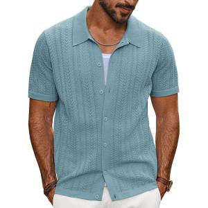 imagePJ PAUL JONES Mens Knit Shirts Short Sleeve Button Down Polo Shirt Fashion Hollow Out Texture Casual Summer Beach ShirtBlue Grey