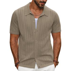 imagePJ PAUL JONES Mens Knit Shirts Short Sleeve Button Down Polo Shirt Fashion Hollow Out Texture Casual Summer Beach ShirtCamel
