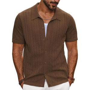 imagePJ PAUL JONES Mens Knit Shirts Short Sleeve Button Down Polo Shirt Fashion Hollow Out Texture Casual Summer Beach ShirtCoffee