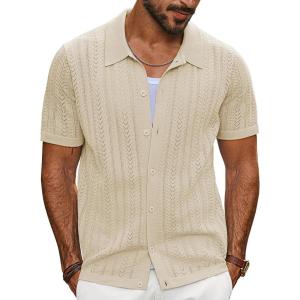 imagePJ PAUL JONES Mens Knit Shirts Short Sleeve Button Down Polo Shirt Fashion Hollow Out Texture Casual Summer Beach ShirtCream