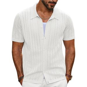 imagePJ PAUL JONES Mens Knit Shirts Short Sleeve Button Down Polo Shirt Fashion Hollow Out Texture Casual Summer Beach ShirtIvory White