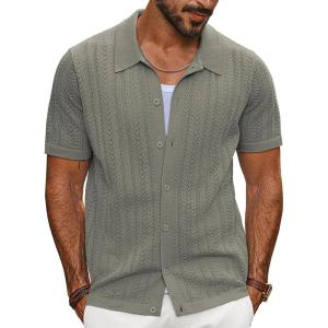 imagePJ PAUL JONES Mens Knit Shirts Short Sleeve Button Down Polo Shirt Fashion Hollow Out Texture Casual Summer Beach ShirtKhaki Green