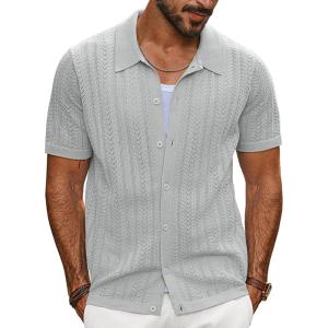 imagePJ PAUL JONES Mens Knit Shirts Short Sleeve Button Down Polo Shirt Fashion Hollow Out Texture Casual Summer Beach ShirtLight Grey