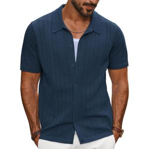 imagePJ PAUL JONES Mens Knit Shirts Short Sleeve Button Down Polo Shirt Fashion Hollow Out Texture Casual Summer Beach ShirtNavy Blue