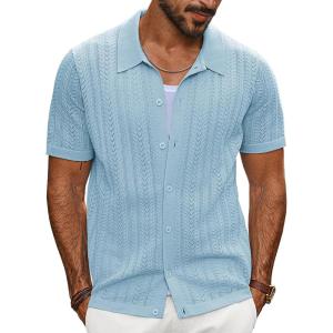 imagePJ PAUL JONES Mens Knit Shirts Short Sleeve Button Down Polo Shirt Fashion Hollow Out Texture Casual Summer Beach ShirtSky Blue