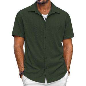 imagePJ PAUL JONES Mens Button Down Shirts Casual Short Sleeve Shirts Summer Knit Textured ShirtArmy Green