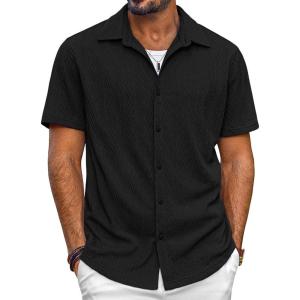 imagePJ PAUL JONES Mens Button Down Shirts Casual Short Sleeve Shirts Summer Knit Textured ShirtBlack
