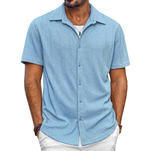 imagePJ PAUL JONES Mens Button Down Shirts Casual Short Sleeve Shirts Summer Knit Textured ShirtBlue