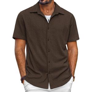 imagePJ PAUL JONES Mens Button Down Shirts Casual Short Sleeve Shirts Summer Knit Textured ShirtCoffee
