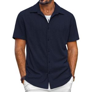 imagePJ PAUL JONES Mens Button Down Shirts Casual Short Sleeve Shirts Summer Knit Textured ShirtDark Blue