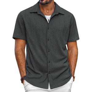 imagePJ PAUL JONES Mens Button Down Shirts Casual Short Sleeve Shirts Summer Knit Textured ShirtDark Gray